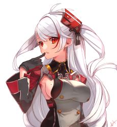 Rule 34 | 1girl, antenna hair, arm at side, armpits, artist name, azur lane, breasts, buttons, cross, double-breasted, finger to mouth, hand up, head tilt, headgear, highres, iron cross, large breasts, long hair, long sleeves, looking at viewer, mole, mole on breast, multicolored hair, parted lips, prinz eugen (azur lane), red eyes, red hair, sideboob, silver hair, simple background, solo, streaked hair, swept bangs, two side up, ukimesato, upper body, very long hair, white background