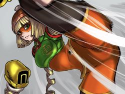 Rule 34 | 1girl, @ @, arms (game), ass, beanie, blonde hair, blunt bangs, bob cut, boxing gloves, breasts, chinese clothes, chinese text, closed mouth, clothes writing, crop top, domino mask, facepaint, female focus, fighting stance, food, green eyes, green shirt, hat, kicking, leg up, leggings, legs, legs up, looking at viewer, mask, medium breasts, min min (arms), misotamagoudon, motion lines, nintendo, noodles, orange hat, ringed eyes, shirt, short hair, silver background, smile, solo, unitard, zipper, zipper pull tab
