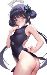 Rule 34 | 1girl, ass, black dress, black hair, blue archive, blush, breasts, butterfly hair ornament, china dress, chinese clothes, closed mouth, covered erect nipples, double bun, dragon print, dress, from side, frown, grey eyes, hair bun, hair ornament, halo, highres, kisaki (blue archive), no panties, pinki o64, side slit, sleeveless, sleeveless dress, small breasts, solo, twintails, white background