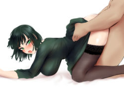 Rule 34 | 1boy, 1girl, all fours, black thighhighs, blush, breasts, clothed female nude male, clothed sex, doggystyle, dress, from side, fubuki (one-punch man), green dress, green eyes, green hair, hetero, highres, large breasts, looking at viewer, looking to the side, nude, one-punch man, open mouth, sex, sex from behind, short hair, shpo, solo focus, thighhighs