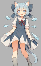 Rule 34 | 1girl, animal ear fluff, animal ears, blue dress, blue eyes, blue hair, cat ears, cat tail, cirno, dress, fang, gloves, grey background, grey legwear, highres, ice, ice wings, kemonomimi mode, looking at viewer, open mouth, puffy short sleeves, puffy sleeves, red ribbon, ribbon, shone, short dress, short sleeves, simple background, smile, solo, standing, tail, touhou, white gloves, wings