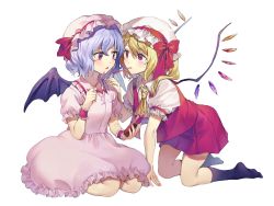 Rule 34 | 2girls, ascot, bad id, bad twitter id, bat wings, black socks, blonde hair, blue hair, blush, bow, crystal, dress, eye contact, flandre scarlet, food, food in mouth, frilled shirt collar, frills, hair between eyes, hand on another&#039;s shoulder, hand up, hat, hat bow, hat ribbon, highres, holding, holding food, incest, kneehighs, kneeling, long hair, looking at another, miniskirt, misha (hoongju), mob cap, mouth hold, multiple girls, one side up, parted lips, pink dress, pink headwear, pleated skirt, pocky, puffy short sleeves, puffy sleeves, red bow, red eyes, red ribbon, red skirt, red vest, remilia scarlet, ribbon, seiza, short hair, short sleeves, siblings, simple background, sisters, sitting, skirt, skirt set, socks, touhou, vest, white background, white headwear, wings, wrist cuffs, yellow ascot, yuri