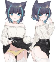 Rule 34 | 1girl, :3, animal ears, ass, azur lane, bad id, bad pixiv id, bare shoulders, black hair, black skirt, blue eyes, blue hair, blush, bow, bow panties, breasts, cat ears, cheshire (azur lane), closed mouth, clothes lift, collarbone, dress, garter straps, highres, large breasts, lifting own clothes, looking at viewer, multicolored hair, multiple views, panties, shengtian, short hair, skirt, skirt lift, smile, streaked hair, thighhighs, two-tone hair, underwear, white dress, white thighhighs, yellow panties