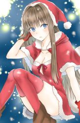 Rule 34 | 10131310, 1girl, alternate costume, aozaki aoko, blue eyes, boots, breasts, brown footwear, brown hair, capelet, closed mouth, collarbone, commentary request, dress, fur-trimmed capelet, fur-trimmed dress, fur trim, gloves, hair intakes, hand in own hair, hat, long hair, mahou tsukai no yoru, medium breasts, red capelet, red dress, red gloves, red hat, red thighhighs, santa costume, santa hat, sleeveless, sleeveless dress, solo, sweatdrop, thighhighs, very long hair