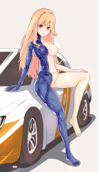 1girl absurdres android blonde_hair blush breasts car closed_mouth completely_nude cropped_jacket full_body girls&#039;_frontline highres joints large_breasts leg_up long_hair looking_at_viewer m2hb_(cheers_on_the_blazing_tarmac)_(girls&#039;_frontline) m2hb_(girls&#039;_frontline) mechanical_parts motor_vehicle navel nervous nipples nude on_vehicle race_queen rasen_manga red_eyes robot_joints solo x-ray