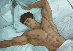 Rule 34 | 1boy, abs, alternate body size, arm behind back, bara, biceps, black hair, blanket, bright pupils, haikyuu!!, highres, iwaizumi hajime, light smile, male focus, muscular, muscular male, on bed, pectorals, photo-referenced, pillow, short hair, simonsuke, topless male, yellow eyes