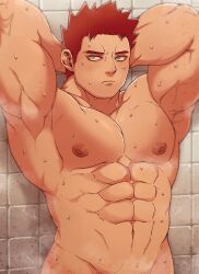 Rule 34 | 1boy, abbbby 28, abs, bara, blue eyes, boku no hero academia, closed mouth, completely nude, endeavor (boku no hero academia), highres, large pectorals, looking at viewer, male focus, muscular, muscular male, navel, nipples, nude, pectorals, red hair, short hair, solo, sweat, upper body