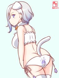 Rule 34 | 1girl, alternate costume, anal, anal object insertion, anal tail, artist logo, ass, back, bell, between buttocks, blue background, blue eyes, blue hair, bra, breasts, butt crack, cat ear panties, cat lingerie, choker, cowboy shot, dated, fake tail, frilled bra, frills, gradient hair, implied tail plug, jean bart (kancolle), jingle bell, kanon (kurogane knights), kantai collection, large breasts, looking at viewer, meme attire, mole, mole under eye, multicolored hair, neck bell, object insertion, one-hour drawing challenge, pale skin, panties, short hair, side-tie panties, simple background, solo, tail, thighhighs, underwear, underwear only, white bra, white panties, white thighhighs