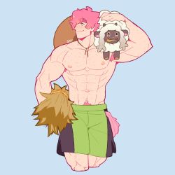 Rule 34 | 1boy, abs, armpit hair, bara, bulge, carrying, carrying over shoulder, carrying under arm, creatures (company), feraltintinsimp, freckles, game freak, green eyes, green shorts, hat, highres, large pectorals, looking at another, male focus, milo (pokemon), muscular, muscular male, navel, navel hair, nintendo, nipples, pectorals, pink hair, pokemon, pokemon (creature), pokemon swsh, short hair, shorts, smile, sun hat, topless male