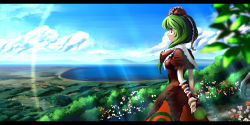 Rule 34 | 1girl, arm ribbon, arms behind back, blue sky, bow, capelet, cloud, commentary, day, flower, forest, front ponytail, green hair, hair bow, highres, kagiyama hina, lake, landscape, letterboxed, looking away, nature, puffy sleeves, red eyes, ribbon, shirt, short sleeves, skirt, sky, solo, sunlight, touhou, town, tree, umigarasu (kitsune1963)