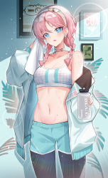Rule 34 | 1girl, absurdres, arknights, bare shoulders, black pants, blue eyes, blue jacket, blue poison (arknights), blue poison (shoal beat) (arknights), blue shorts, blush, bottle, braid, breasts, chinese commentary, choker, cleavage, collarbone, commentary request, hairband, highres, holding, holding bottle, holding towel, indoors, jacket, long hair, long sleeves, looking at viewer, medium breasts, navel, official alternate costume, pants, pink choker, pink hair, short shorts, shorts, shuming, solo, sports bra, stomach, sweat, towel, twin braids