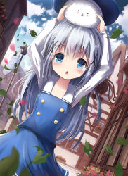 Rule 34 | 1girl, :3, beret, blue eyes, blue shirt, blue skirt, blue sky, blush, breasts, chestnut mouth, cloud, cloudy sky, day, dutch angle, flower, gochuumon wa usagi desu ka?, hair ornament, hat, highres, kafuu chino, lamppost, leaf, long sleeves, looking at viewer, missile228, on head, outdoors, parted lips, petals, rabbit-shaped pupils, sailor collar, school uniform, shirt, silver hair, skirt, sky, small breasts, solo, symbol-shaped pupils, tippy (gochiusa), town, triangle mouth, x hair ornament