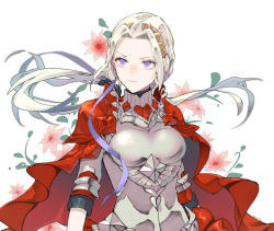 Rule 34 | 1girl, armor, blush, boobplate, breastplate, breasts, cape, closed mouth, edelgard von hresvelg, fire emblem, fire emblem: three houses, fire emblem warriors: three hopes, flower, gloves, hair ornament, hair ribbon, highres, long hair, looking at viewer, nintendo, official alternate costume, purple eyes, red cape, ribbon, solo, white hair, yachimata 1205