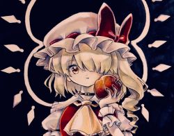 Rule 34 | 1girl, apple, ascot, belt collar, black background, blonde hair, bow, collar, crystal, flandre scarlet, food, frilled shirt collar, frilled sleeves, frills, fruit, hair over one eye, hat, hat ribbon, highres, hisako (6anmbblfnjueeff), holding, holding food, looking at viewer, medium hair, mob cap, one eye covered, one side up, puffy short sleeves, puffy sleeves, red bow, red eyes, red ribbon, red vest, ribbon, shirt, short sleeves, sleeve garter, solo, touhou, traditional media, vest, white hat, white shirt, wings, wrist cuffs, yellow ascot