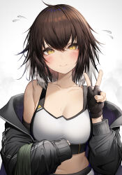 Rule 34 | 1girl, absurdres, arknights, black gloves, black jacket, blush, breasts, brown hair, cleavage, collarbone, commentary request, crop top, feather hair ornament, feathers, fingerless gloves, gloves, gradient background, grey background, hair between eyes, hair ornament, highres, jacket, long sleeves, looking at viewer, medium breasts, midriff, navel, plume (arknights), smile, solo, tab head, v