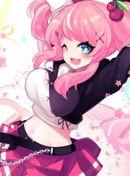Rule 34 | 1girl, aho, belt, black belt, blue eyes, blush, breasts, chain, cherry hair ornament, food-themed hair ornament, hair ornament, highres, indie virtual youtuber, looking at viewer, medium breasts, navel, one eye closed, open mouth, pink hair, pink skirt, serotina, skirt, smile, solo, star (symbol), twintails, virtual youtuber