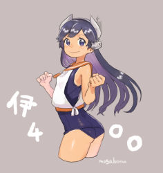 Rule 34 | 1girl, artist name, ass, black hair, blouse, blue one-piece swimsuit, character name, cowboy shot, i-400 (kancolle), kantai collection, long hair, looking at viewer, looking back, mogamiya honu, multicolored hair, one-piece swimsuit, open mouth, orange sailor collar, purple background, purple eyes, purple hair, sailor collar, sailor shirt, school swimsuit, shirt, simple background, sleeveless, sleeveless shirt, solo, swimsuit, swimsuit under clothes, two-tone hair, white shirt