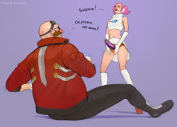 Rule 34 | 1boy, 1futa, artist name, bald, bare shoulders, black-framed eyewear, black footwear, black pants, blue-framed eyewear, blue-tinted eyewear, blue eyes, boots, breasts, censored, clenched teeth, clothes lift, covered erect nipples, crop top, crossover, dildo, dr. eggman, earpiece, eggplant, elbow gloves, emoji, emoji censor, english text, eyewear on head, facial hair, facing another, flying sweatdrops, from behind, full body, futanari, gloves, goggles, green-tinted eyewear, hands up, happy, headphones, jacket, knee boots, lifted by self, lipstick, long sleeves, looking at another, looking down, looking up, makeup, midriff, miniskirt, mustache, navel, nervous, one eye closed, open mouth, orange panties, panties, pants, pink hair, platform footwear, purple background, red jacket, red lips, sega, sex toy, shiny skin, shirt, short hair, sidelocks, simple background, sitting, skirt, skirt lift, sleeveless, sleeveless shirt, small breasts, smile, sonic (series), space channel 5, standing, stomach, strap-on, sunglasses, sweat, talking, teeth, thighs, tinted eyewear, totesfleisch8, twintails, ulala, underwear, watermark, white footwear, white gloves, white shirt, white skirt, wink