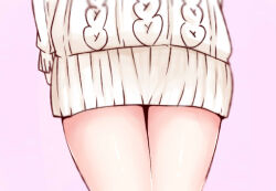 1girl aran_sweater cable_knit close-up commentary_request dress hip_focus i.u.y kinuhata_saiai long_sleeves pink_background shiny_skin short_dress simple_background solo sweater sweater_dress thighs toaru_majutsu_no_index white_dress white_sweater