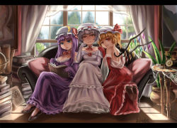 Rule 34 | 3girls, alternate costume, antique phone, back, bad id, bad pixiv id, blonde hair, blue eyes, blue hair, book, breasts, choker, cleavage, corded phone, couch, crescent, dress, elbow gloves, female focus, flandre scarlet, frills, gloves, hat, hat ribbon, large breasts, letterboxed, long hair, medium breasts, multiple girls, open book, patchouli knowledge, phone, purple dress, purple hair, qblade, reading, red dress, red eyes, remilia scarlet, ribbon, rotary phone, short hair, side ponytail, sitting, touhou, tree, very long hair, window, wings
