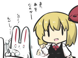 Rule 34 | 1girl, :x, animal ears, artist self-insert, blonde hair, rabbit, rabbit ears, chibi, comic, commentary request, drawing, drooling, fang, goma (gomasamune), hair ribbon, highres, long sleeves, necktie, open mouth, ribbon, rumia, short hair, smile, touhou, translation request, vest, waving, white background, | |