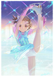 1girl absurdres alphonse_(white_datura) arms_up bare_legs blue_dress brown_eyes brown_hair child copyright_name dated dress elbow_gloves figure_skating figure_skating_dress fingerless_gloves floral_print gloves highres ice_skates ice_skating leg_lift leotard looking_at_viewer medalist_(manga) one_side_up pink_gloves short_hair skates skating smile solo sparkle split standing standing_on_one_leg standing_split straight-on very_short_hair white_leotard yuitsuka_inori