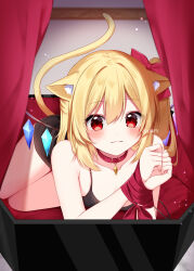 Rule 34 | 1girl, animal ear fluff, animal ears, bare arms, bare shoulders, black nightgown, blonde hair, blush, bound, bound wrists, bow, breasts, cat ears, cat tail, closed mouth, coffin, collar, collarbone, commentary request, crystal, curtains, flandre scarlet, hair between eyes, hair bow, highres, indoors, lying, medium hair, nightgown, off shoulder, on side, one side up, red bow, red collar, red eyes, red ribbon, ribbon, ribbon bondage, shinonome asu, small breasts, smile, solo, tail, touhou, twitter username, wings