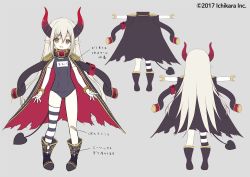 Rule 34 | 1girl, bandaid, black footwear, blush, boots, bracelet, character sheet, curled horns, demon girl, demon horns, demon tail, elbow gloves, emma august, epaulettes, from behind, full body, gakuran, gloves, green eyes, grey background, horns, jacket, jacket on shoulders, jewelry, long hair, loose socks, nijisanji, official art, old school swimsuit, open mouth, outstretched arms, pointy ears, school swimsuit, school uniform, shiratama (shiratamaco), simple background, smile, socks, standing, striped clothes, striped legwear, striped thighhighs, swimsuit, tail, thighhighs, torn clothes, translated, very long hair, virtual youtuber, watermark, white gloves