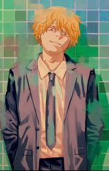 Rule 34 | 1boy, adam&#039;s apple, black jacket, black legwear, black necktie, black pants, black suit, blonde hair, brown eyes, buttons, chainsaw man, cleaned, collared shirt, cover, cover page, denji (chainsaw man), eyebrows, fang, fangs, formal, fujimoto tatsuki, green background, green theme, hair between eyes, head tilt, jacket, long sleeves, looking at viewer, male focus, manga cover, necktie, nose, nostrils, official art, pale skin, pants, pocket, sharp teeth, shirt, shirt tucked in, short hair, sleeves past elbows, smile, solo, suit, teeth, third-party edit, tile wall, tiles, uniform, volume cover, white shirt
