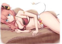 Rule 34 | 1girl, armlet, belt, bikini, blue eyes, breasts, demon girl, demon horns, demon tail, heart, horns, jewelry, kimoshi, long hair, looking at viewer, lying, medium breasts, neck ring, on side, one side up, pink bikini, pink hair, princess connect!, smile, solo, suzuna (princess connect!), suzuna (summer) (princess connect!), swimsuit, tail, white belt