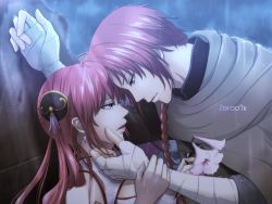 Rule 34 | 1boy, 1girl, against wall, bad id, bad pixiv id, bandaged arm, bandages, blue eyes, braid, braided ponytail, brother and sister, earrings, flower, gintama, hair over shoulder, holding, holding flower, imminent kiss, jewelry, kagura (gintama), kamui (gintama), long hair, open mouth, ponytail, profile, rain, red hair, siblings, single braid, upper body, white flower, zeroo7x