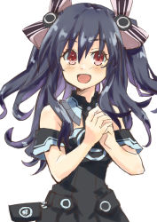 Rule 34 | 1girl, bare shoulders, black hair, breasts, collar, dress, happy, highres, interlocked fingers, kow (kow0117), long hair, neptune (series), open mouth, red eyes, small breasts, smile, solo, tsundere, twintails, two side up, uni (neptunia)