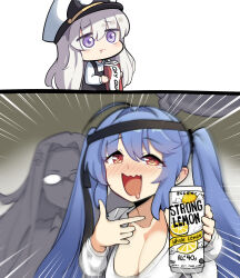 Rule 34 | 2koma, 3girls, :d, @ @, ahoge, alcohol, azur lane, beer can, blue hair, can, collarbone, comic, commentary, dress, drink can, drooling, drunk, english commentary, english text, essex (azur lane), essex (crossbones especial) (azur lane), food, fruit, glasses, hair between eyes, hat, highres, hm (hmongt), holding, holding can, holding tray, lemon, little enterprise (azur lane), long hair, long sleeves, looking at another, multiple girls, necktie, necktie on head, official alternate costume, open mouth, peaked cap, pinafore dress, pointing, purple eyes, red eyes, school uniform, shangri-la (azur lane), shirt, sidelocks, simple background, sleeveless, sleeveless dress, smile, soda can, tray, twintails, white hair, white shirt