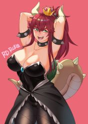 Rule 34 | 1girl, absurdres, armpits, arms behind head, arms up, black leotard, black skirt, blush, bowsette, bracelet, breasts, brooch, cleavage, collar, collarbone, covered navel, cowboy shot, eyebrows, fangs, fishnet pantyhose, fishnets, green eyes, hair between eyes, highleg, highleg leotard, highres, horns, jewelry, large breasts, leotard, long hair, looking at viewer, mario (series), new super mario bros. u deluxe, nintendo, open clothes, open mouth, open skirt, pantyhose, ponytail, radrick0, red hair, shiny clothes, shiny skin, short hair, short hair with long locks, sidelocks, skirt, smile, solo, spiked bracelet, spiked collar, spiked shell, spiked tail, spikes, standing, strapless, strapless leotard, super crown, tail, thighs