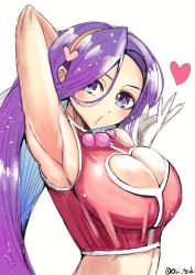 Rule 34 | 1girl, arm behind head, arm up, armpits, asamiya athena, blowing kiss, breasts, bursting breasts, cleavage, cleavage cutout, clothing cutout, gloves, heart, large breasts, long hair, looking at viewer, midriff, ori tsuki, psycho soldier, purple eyes, purple hair, snk, solo, the king of fighters, the king of fighters 2003