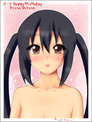 Rule 34 | 1girl, black hair, blush, brown eyes, completely nude, flat chest, highres, k-on!, kimuti-g, long hair, looking at viewer, nakano azusa, nude, smile, solo, twintails