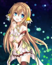 Rule 34 | 1girl, :d, blue eyes, brown hair, commentary request, own hands clasped, highres, ionasal kkll preciel, jewelry, langley1000, long hair, looking at viewer, navel, necklace, open mouth, own hands together, pleated skirt, skirt, smile, solo, surge concerto
