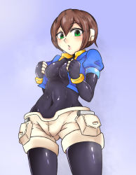 Rule 34 | 1girl, aile (mega man zx), beruzumi-m, bodysuit, breasts, brown hair, commentary request, covered navel, gloves, green eyes, layered sleeves, long sleeves, looking at viewer, mega man (series), mega man zx, pantyhose, pantyhose under shorts, short hair, short over long sleeves, short sleeves, shorts, skin tight, solo, spandex