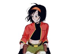 Rule 34 | 1girl, arms at sides, belt, black eyes, black gloves, black hair, closed mouth, commentary request, crop top, dragon ball, dragon ball heroes, eyelashes, flat chest, floating hair, gloves, green shorts, grin, haha (haha db), hairband, jacket, korean commentary, looking to the side, messy hair, midriff, navel, aged up, open clothes, open jacket, orange hairband, pan (dragon ball), pan (xeno), red jacket, shaded face, short hair, short shorts, shorts, simple background, smile, solo, torn clothes, torn shorts, upper body, v-shaped eyebrows, white background