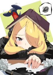 Rule 34 | 1girl, :&lt;, absurdres, black coat, blonde hair, blush, book, book on head, closed mouth, coat, commentary request, creatures (company), cynthia (pokemon), eyelashes, fingernails, flying sweatdrops, game freak, garchomp, gen 4 pokemon, grey eyes, hair ornament, hair over one eye, highres, ink, ink bottle, kikurage tom., long hair, long sleeves, looking at viewer, nintendo, object on head, paper, pen, pokemon, pokemon (creature), pokemon dppt, raised eyebrows, spill, spoken squiggle, squiggle, table, tearing up