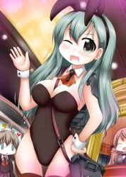 Rule 34 | 10s, akashi (kancolle), animal ears, aqua eyes, aqua hair, bare shoulders, between breasts, blue eyes, blush, breasts, brown hair, brown skirt, cleavage, covered navel, detached collar, face of the people who sank all their money into the fx (meme), fake animal ears, green hair, hair ornament, hair ribbon, hairclip, heart, heart-shaped pupils, kantai collection, kumano (kancolle), leotard, long hair, meme, multiple girls, one eye closed, ouno (nounai disintegration), pink hair, playboy bunny, ponytail, rabbit ears, rabbit tail, ribbon, school uniform, skirt, smile, strap between breasts, suzuya (kancolle), symbol-shaped pupils, tail, thigh gap, tress ribbon, wrist cuffs