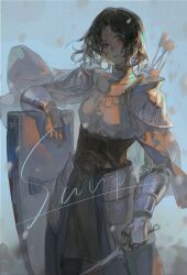 Rule 34 | 1girl, arm rest, armor, arrow (projectile), black hair, blood, breastplate, brown corset, brown eyes, brown hair, cape, closed mouth, corset, cowboy shot, facial mark, gauntlets, gloves, highres, holding, holding shield, holding sword, holding weapon, knight, looking at viewer, original, pauldrons, sample watermark, shield, short hair, shoulder armor, solo, sword, watermark, weapon, youliyouliv