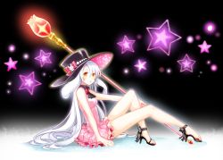 Rule 34 | 1girl, animal ears, arched soles, arm support, bare legs, black background, black collar, black neckwear, bow, breasts, collar, commentary, dress, feet, floppy ears, frilled dress, frills, glowing, hagihiyo (hagihiyo525), high heels, knee up, large hat, leaning back, legs, long hair, looking at viewer, magic, magical girl, medium breasts, open mouth, orange eyes, original, pink bow, pink dress, plantar flexion, rabbit ears, rabbit ornament, ribbon, shiny clothes, shiny skin, short dress, sidelocks, silver hair, sitting, sleeveless, sleeveless dress, solo, sparkle, staff, star (symbol), strappy heels, striped ribbon, toes, very long hair