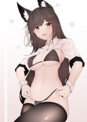 Rule 34 | 1girl, absurdres, animal ear fluff, animal ears, atago (azur lane), atago (stunning speedster) (azur lane), azur lane, bikini, bikini pull, black hair, black thighhighs, breasts, brown eyes, cleavage, clothes pull, commentary, cowboy shot, dog ears, extra ears, facing viewer, fishnet thighhighs, fishnets, hair ribbon, highres, large breasts, logo, long hair, mole, mole under eye, official alternate costume, race queen, ribbon, samip, shrug (clothing), sideways glance, simple background, solo, swept bangs, swimsuit, thigh gap, thighhighs, two-tone bikini, white background, wrist cuffs