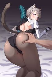 Rule 34 | 1boy, 1girl, animal ears, ass, back cutout, bare back, black leotard, brown pantyhose, cat ears, cat tail, clothing cutout, commentary, feet out of frame, genshin impact, gloves, grey hair, highres, juliet sleeves, kadokadokado, leotard, long hair, long sleeves, looking at viewer, lynette (genshin impact), pantyhose, parted lips, puffy sleeves, purple eyes, solo focus, tail, thighs