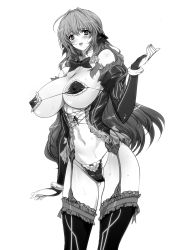 Rule 34 | 1girl, blush, breasts, covered erect nipples, female focus, garter straps, greyscale, highres, huge breasts, long hair, looking at viewer, monochrome, navel, open mouth, original, q azieru, revealing clothes, simple background, solo, standing, sweat, thighhighs, very long hair, white background