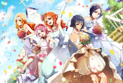 Rule 34 | 5girls, arm up, armpits, bad id, bad pixiv id, basket, bleach, blue eyes, blue gloves, blue hair, blue sky, blurry, blurry background, bouquet, bow, bowtie, breasts, bridal veil, brown eyes, church, cloud, day, detached sleeves, diadem, dress, dutch angle, elbow gloves, flower, glasses, gloves, holding, holding basket, holding bouquet, inoue orihime, ise nanao, jewelry, kusajishi yachiru, large breasts, long dress, long hair, long sleeves, looking at viewer, matsumoto rangiku, multiple girls, necklace, open mouth, orange hair, outdoors, pink eyes, pink flower, pink footwear, pink hair, pink rose, purple bow, red flower, red rose, rimless eyewear, rose, short hair, sky, sleeveless, sleeveless dress, smile, strapless, strapless dress, sui-feng, umi (pixiv6861961), veil, white bow, white dress, white gloves, white neckwear, white sleeves