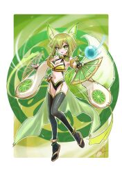 Rule 34 | 1girl, adapted costume, animal ears, black thighhighs, blonde hair, breasts, bridal gauntlets, chaya mago, detached sleeves, duel monster, fox ears, fox girl, fox tail, full body, green eyes, hair between eyes, hand fan, highres, holding, holding fan, hu-li the jewel mikanko, medium breasts, multicolored hair, short hair with long locks, signature, solo, streaked hair, tail, thighhighs, wide sleeves, yu-gi-oh!