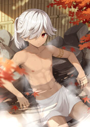Rule 34 | 1boy, arm tattoo, closed mouth, cyno (genshin impact), dark-skinned male, dark skin, genshin impact, hair over one eye, highres, iroiro 0w0, leaf, long hair, looking at viewer, male focus, maple leaf, muscular, muscular male, navel, nipples, onsen, ponytail, red eyes, solo, stomach, tattoo, topless male, towel around waist, water, white hair