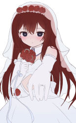 Rule 34 | 1girl, :|, bare shoulders, black eyes, blush, bouquet, bridal veil, bright pupils, closed mouth, clothing cutout, cowboy shot, detached collar, dot nose, dress, elbow gloves, expressionless, flat chest, flower, flower wreath, frilled gloves, frills, gloves, hair between eyes, head wreath, highres, holding, holding bouquet, kanzaki nyo, long hair, looking at viewer, makise kurisu, reaching, reaching towards viewer, red flower, red hair, red rose, rose, sidelocks, simple background, solo, steins;gate, stomach cutout, twitter username, veil, watermark, wedding dress, white background, white dress, white gloves, white pupils